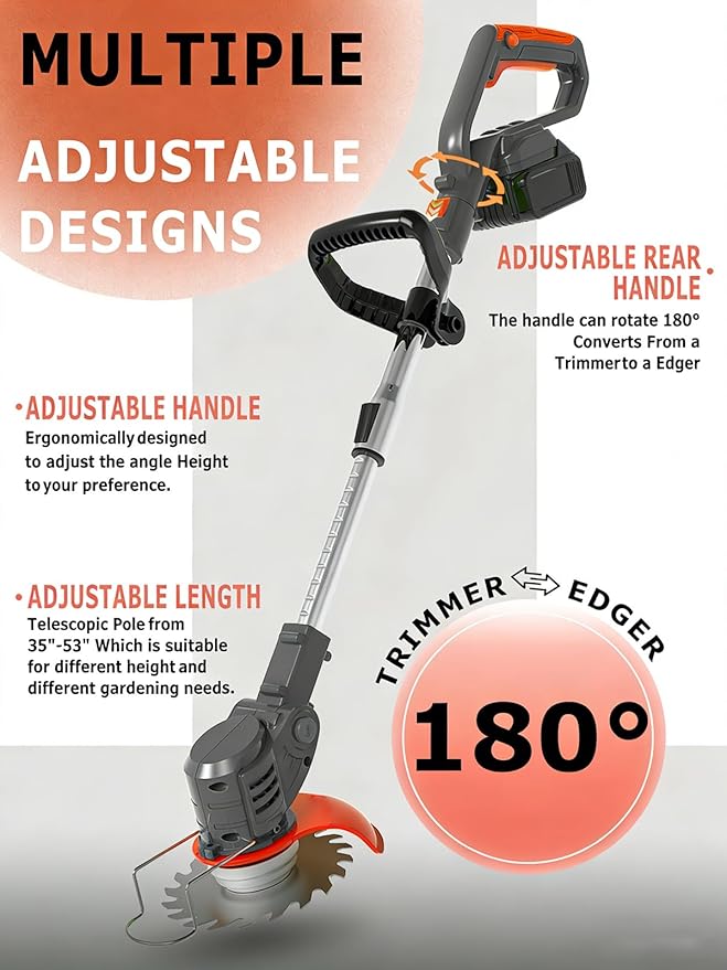 Electric Weed Wacker Cordless Battery Powered,20V Lightweight Weed Trimmer Eater with 2 Battery and Charger,3 in 1 Grass Trimmer/Brush Cutter/Lawn Edger with 26 Blade for Yard,Garden
