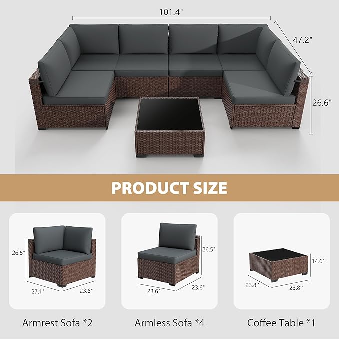 KIGOTY Patio Furniture Set with Fire Pit Table, 8 Pieces Outdoor Furniture Set with 43in Gas Fire Pit and Coffee Table, PE Rattan Patio Conversation Sofa Sets, Patio Sectional Sofa（Brown/Dark Grey）