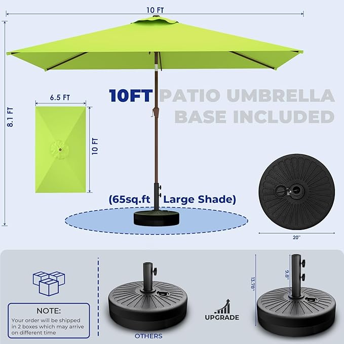 BRIOPAWS 6.5X10 FT Rectangular Patio Umbrella with Base Included | Rectangle Outdoor Umbrellas | 6 Sturdy Steel Ribs | Push Button Tilt & Crank | Heavy Duty for Garden Lawn Deck Backyard Pool |
