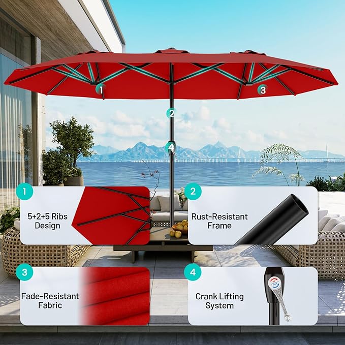 AreShark 15ft Patio Umbrella with Base, Double Sided Outdoor Umbrella with 12 Fiberglass Ribs, Large Outdoor Umbrella for Garden, Pool, Deck, Backyard & Market, Red