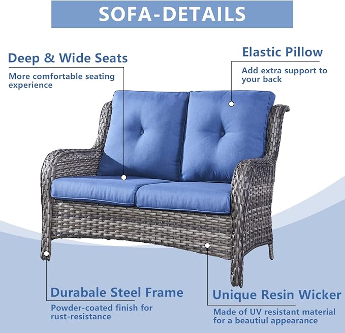 HUMMUH 5 Pieces Outdoor Furniture Patio Furniture Set Wicker Swivel Patio Chairs with 2 Seater Outdoor Sectional Sofa/Patio Loveseat with Ottomans