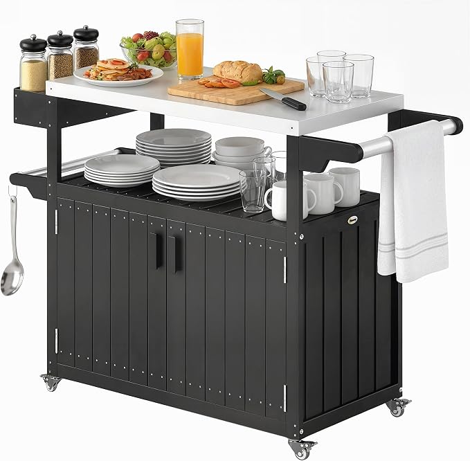Outsunny Outdoor Bar Cart with Storage Cabinet, Stainless Steel Top Kitchen Island on Wheels, HDPE Outdoor Bar Table, Movable Patio Beverage Food Prep Table for BBQ Picnic, Black