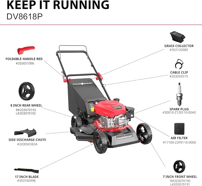 PowerSmart EasyCut 18-Inch Gas Lawn Mower, 144cc 4-Stroke OHV Engine, Push Walk-Behind, 3-in-1 Mulch/Bag/Side Discharge, Steel Deck, 6 Height Adjustment