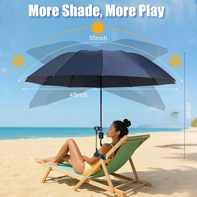 Beach Chair Umbrella with Clamp 360° Adjustable Clip On Umbrella for Camping Chair UPF 50+ UV Protection Sun Shade Portable Stroller Umbrellas for Travel, Wheelchair, Boat, Patio, Golf Cart