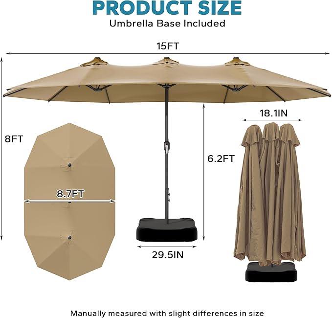 15ft Outdoor Patio Umbrella with Base Included, Double-sided Pool Umbrella with Crank Handle, Large Umbrella for Garden, Backyard (Tan)