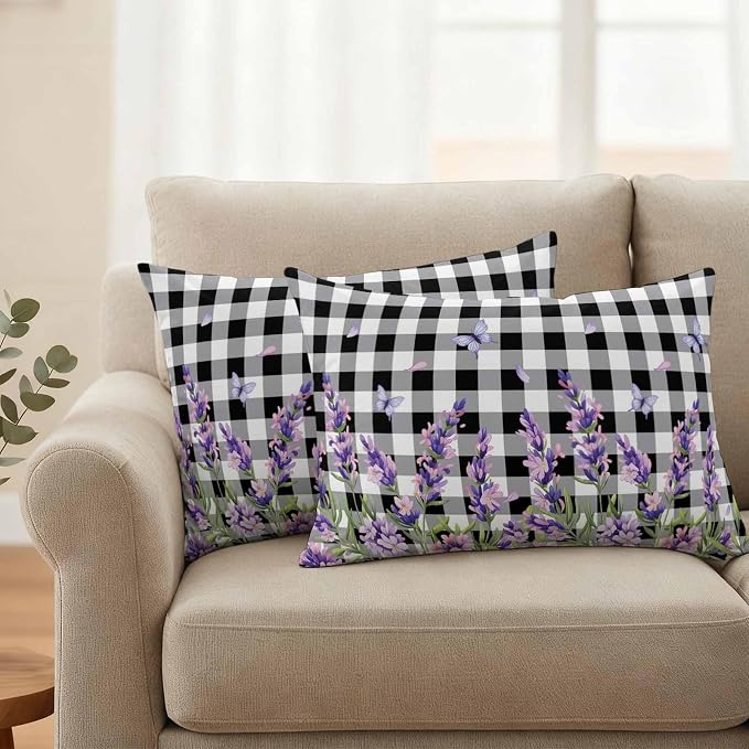 Lavender Floral Outdoor Waterproof Pillow Covers, Purple Flowers Butterfly Black Gray Plaid Decorative Rectangle Throw Pillowcase Sofa Cushion Sham for Patio/Couch/Chair, 20"x12" 2 Pack