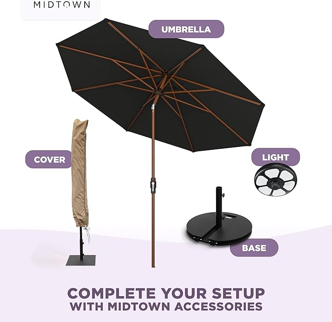 Midtown Umbrellas Wooden 2-8 Ft Patio Umbrella with 360° Swivel & Tilt Mechanism, 8 Fiberglass Ribs & Sunbrella Fabric - Outdoor Umbrella for Deck, Pool & Garden - Burgundy Canopy, Wooden Pole