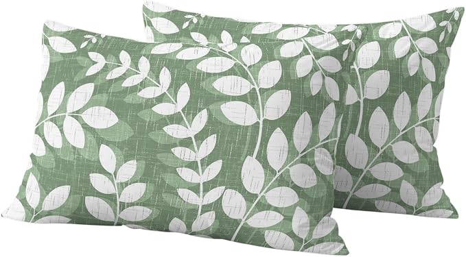 Green Leaves Outdoor Waterproof Throw Pillow Covers 20x12 Set of 2, Farmhouse Botanical Branch Vintage Boho Leaf Decorative Pillowcases Cushion Pillowcase for Couch Sofa Patio Outside Pillow Protector