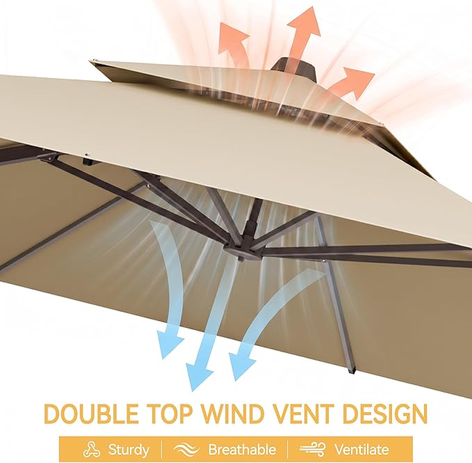 10x13 FT Patio Cantilever Umbrella (Base Not Included) (Base Not Included), Rectangular Heavy Duty Offset Umbrella for 8-10 People, 360°Rotation & Mult Tilt, Double Top Design, for Pool Garden Deck (Beige)