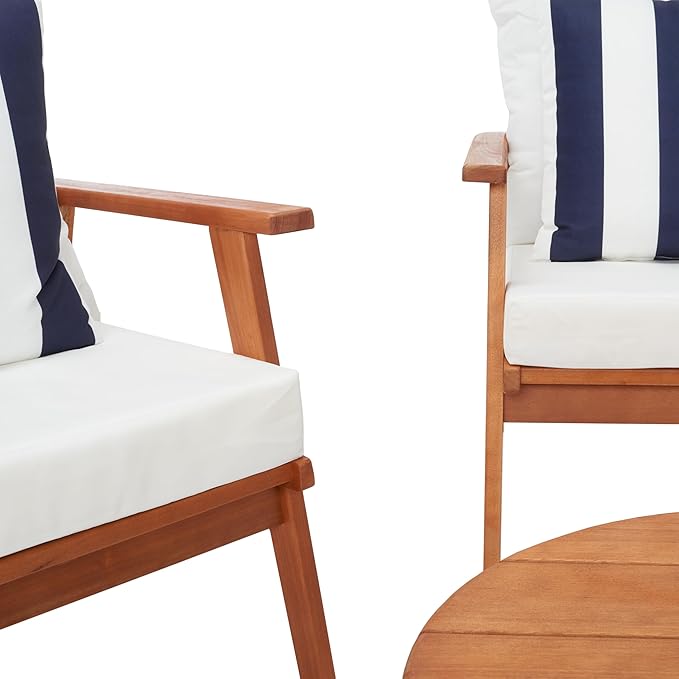 SAFAVIEH Outdoor Collection Deacon Natural Acacia Wood/Beige Cushion 4-Piece Conversation Patio Set with Accent Pillows