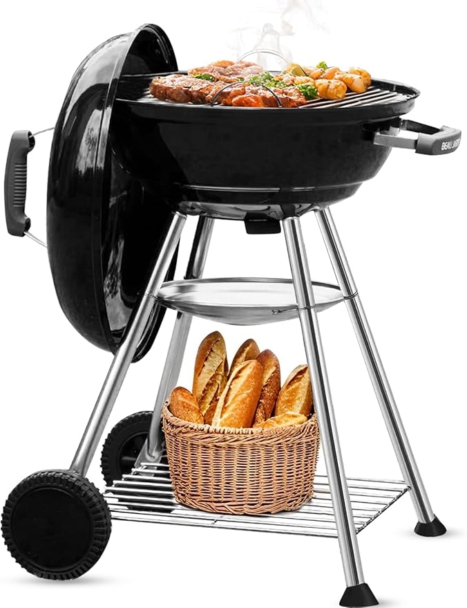 BEAU JARDIN 18 Inch BBQ Charcoal Grill for Outdoor Cooking Portable Smoker Camping Barbecue Coal Kettle Heat Preservation Dual Venting System Heavy Duty with Thickened Wheels for Small Patio Backyard