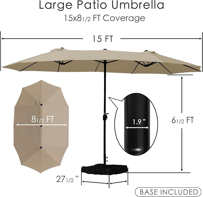 Kozyard 15 FT Double-Sided Rectangular Patio Umbrella, Base Included, Crank Lift Outdoor Patio Umbrella with UV Protection for Backyard, Pool & Garden Beige