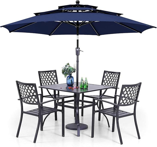 PHI VILLA Patio Dining Set 6 Piece with 4 Metal Outdoor Stackable Chairs, 1 Square Metal Table and 10ft 3 Tier Umbrella(Navy Blue), Outdoor Table Furniture Set for Patio, Deck, Poolside