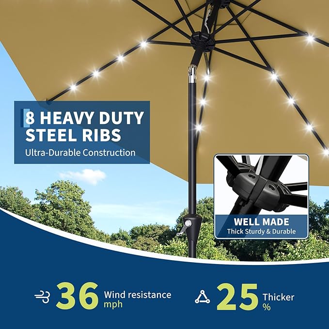Garvee 9FT Solar Patio Umbrella with 32 LED Lights - Outdoor Table Umbrella with Crank Lift, Push Button Tilt and 8 Sturdy Ribs - Market Umbrella UV Protection for Pool, Deck, Yard, Garden -Tan