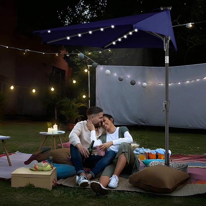 9ft Solar Half Umbrellas Outdoor - LED Half Patio Umbrella with 25 Lights, UV Protection Waterproof, Half Round Umbrella for Wall Balcony, Pool, Porch, Garden, Deck, Backyard, Navy Blue