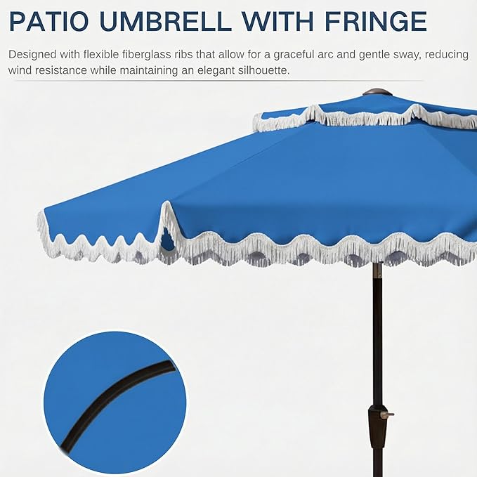 9FT Patio Umbrella with Fringe,Tassel Umbrella with Push-Button Tilt | UPF 50+ & Rust-Resistant Fiberglass Frame for Patio, Pool,Garden,Yard(Royal Blue)
