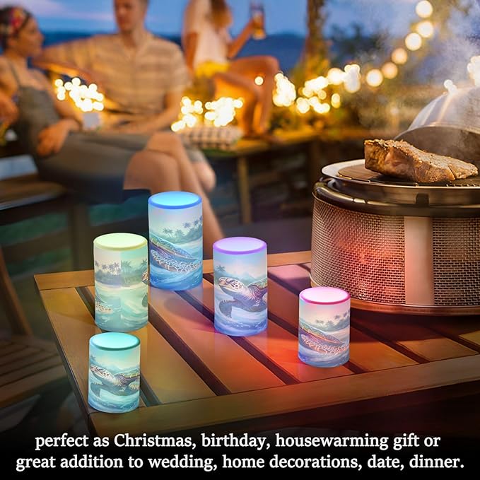Graffiti Sea Turtle Pattern Flameless Candles Color Changing LED Candles with Remote Control Battery Candles for Outdoor and Indoor Home and Room Decoration, 3'' x 4''/5'' Set of 2 Pieces