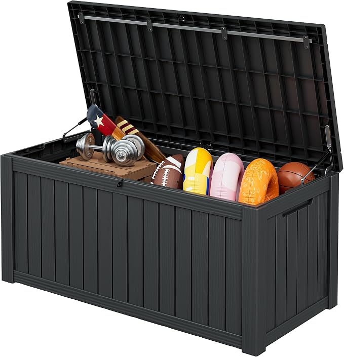 Outdoor Storage Box, 155 Gallon Resin Deck Boxes Outdoor Waterproof For Patio Furniture, Garden Tools, Pool Supplies, Lockable And UV Resistant (Striped Black)