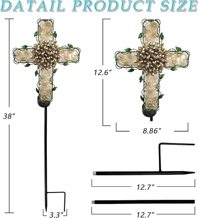 COOZZYHOUR 38inch Cross Garden Solar Lights Outdoor Decorative - Solar Metal&Glass Cross Apricot Hydrangea Flower Stake Lights- Waterproof 20 White LED for Remembrance Gifts & Sympathy Gifts