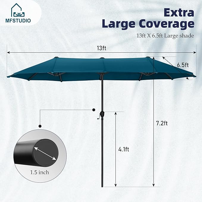 MFSTUDIO 13ft Outdoor Patio Umbrella, Double Sided Large Rectangular Umbrella Market Table Twin Triple Rectangle Umbrellas with Crank Handle for Outside Picnic Backyard Deck Pool (no base)