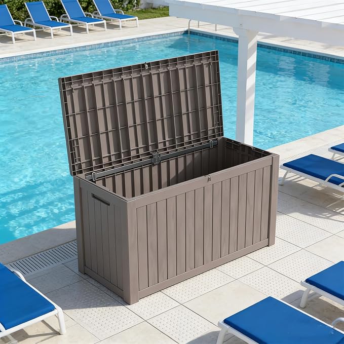 150 Gallon Outdoor Deck Boxes, IP68 Waterproof Outdoor Storage Box with Hydraulic Lid Support, Outside Resin Container for Furniture, Toy, Shoe, Garden & Patio Tools Storage -Brown