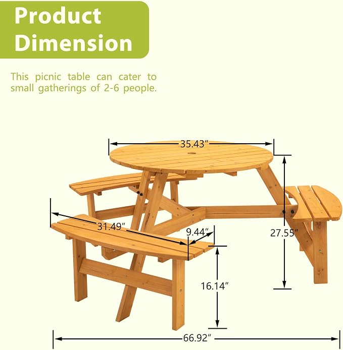 6 Person Round Wood Picnic Table, Outdoor Wooden Picnic Table with 3 Built-in Benches, Umbrella Hole, Circular Outside Table and Bench Set for Garden, Backyard, Porch, Patio, 1720lb Capacity - Natural