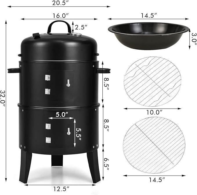 Giantex 3-in-1 Charcoal BBQ Smoker, Outdoor Grill Cooker with Built-in Thermometer and 6 Hooks for Outdoor Backyard Cooking Grilling Camping