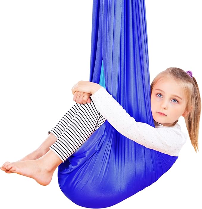 Therapy Swing Hammock Kids Cuddle Sensory Swing Indoor Therapeutic Hammock 360° Rotating Double Layer Elastic Rocking Cloth Swing Gifts for Children with ADHD SPD Asperger Autism (Blue+Sky Blue)