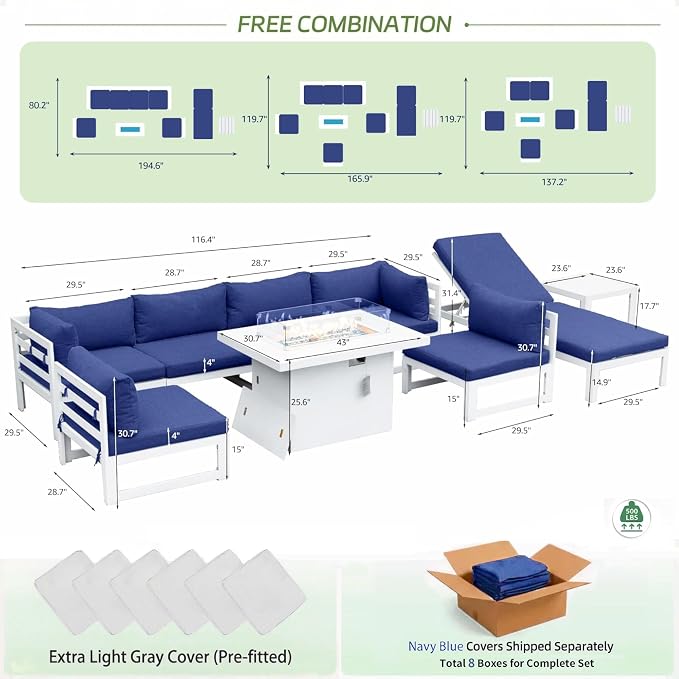 RADIATA 9 Piece Large Modern Aluminum Patio Furniture Set, Fade Resistant Modular Outdoor Conversation Set with Lounge & Fire Pit Table, 500 lbs Durable Modular Sectional Sofa for Garden, Navy Blue