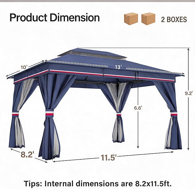 LAUSAINT HOME 10'x13' Outdoor Gazebo, Metal Frame Heavy Duty Patio Canopy Tent Shelter with Double Roofs, Mosquito Nettings and Privacy Screens for Backyard, Garden, Lawn, Classic Blue