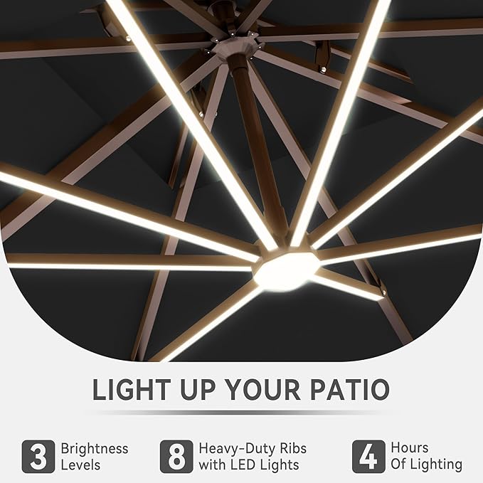 9 X 12 FT Cantilever Outdoor Patio Umbrella with LED Lights Large Heavy Duty 360° Rotation Double Top Offset Rectangular Umbrellas for Backyard Garden Pool Outside Deck, Black