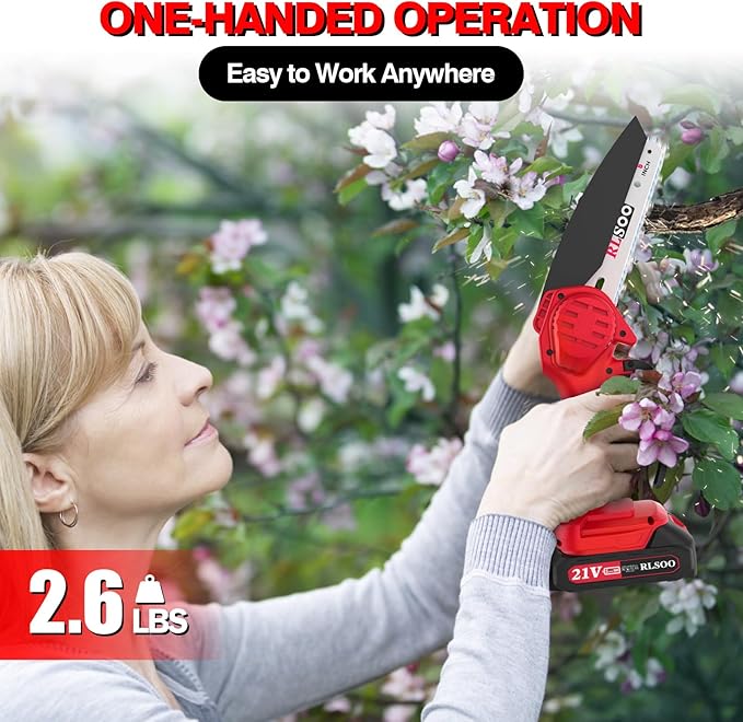 Mini Chainsaw Cordless, 6 Inch Handheld Chain Saw Battery Powered with 2 Rechargeable Batteries and 3 Chains, Portable Small Electric Tree Trimmer for Wood Cutting, Pruning, Courtyard and Household
