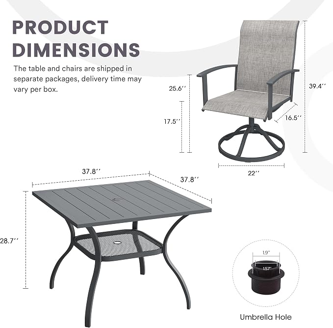5 Pieces Outdoor Patio Dining Set, 37.8" All Weather Square Metal Table with Umbrella Hole and Storage Shelf, 4 High Back Textilene Swivel Chairs for Garden, Lawn, Grey