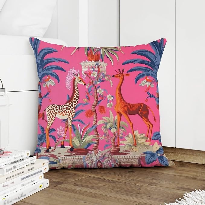 Pillowcase Animal Pink Chinoiserie Cushion Cover Rustic Thailand Giraffe Jungle Pillow Cover Accent Farmhouse Decor Pillow for Couch Sofa Bedroom Car 22x22 in