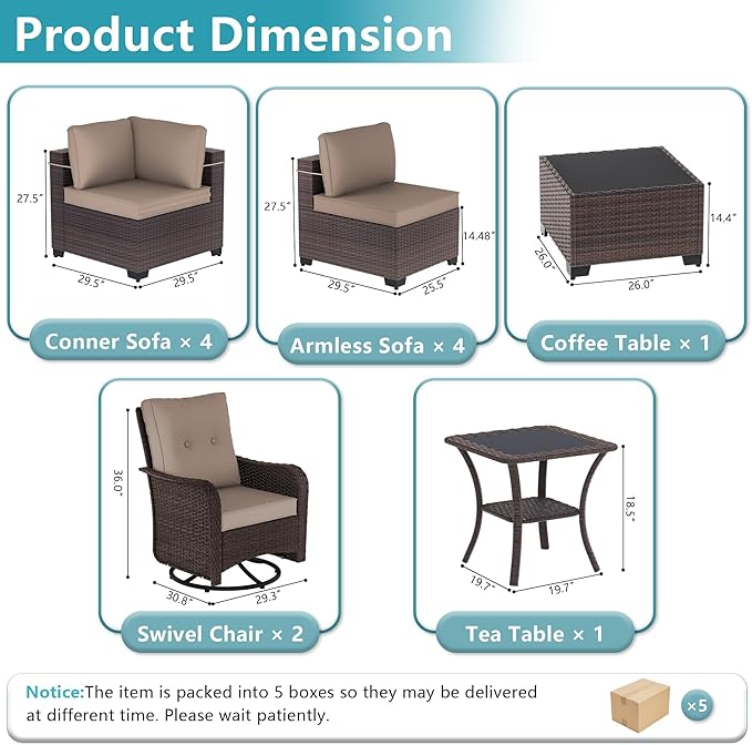 ALAULM 12 Pieces Patio Furniture Set with 2 Swivel Chairs Wicker Patio Conversation Set, Outdoor Sectional Furniture w/Coffee Table & Washable Seat Cushions-Sand