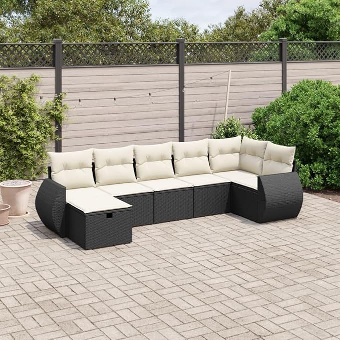 vidaXL Patio Sofa Set with Cushions 7 Piece, Outdoor Conversation Set, Sectional Sofa for Balcony Garden, Modern Style, Black Poly Rattan