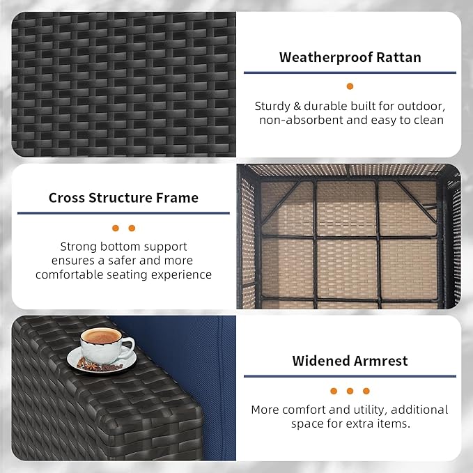 Oakcloud 7-Piece Outdoor Patio Furniture Sofa Set Black Rattan Wicker Sectional Conversation Sets with Glass Top Table and Cushions(Dark Blue)