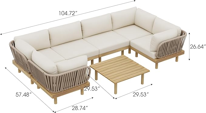 Christopher Knight Home Joan 7 Piece Patio Furniture Set with Slatted Coffee Table, Outdoor Sofa Set with Rope Back & Cushions, Acacia Wood Sectional Conversation Set, Beige+Cream+Light Teak