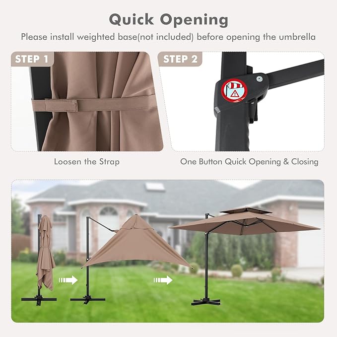 Tangkula 9.5 FT Cantilever Patio Umbrella, Outdoor Square Offset Umbrella with 360° Rotation, Double Top Heavy Duty Patio Hanging Umbrella with Cross Base for Garden Deck Pool Backyard (Tan)