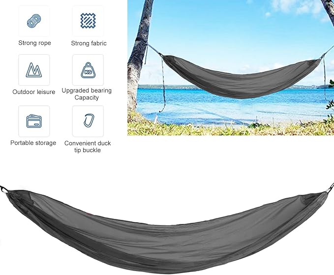 Portable Parachute Camping Hammock, Lightweight Outdoor Hammock with Aluminum Snap Hooks and Storage Bag for Hiking, Travel, and Picnics, 200kg Load Capacity (Grey)