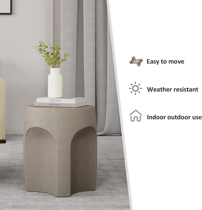 HOMPUS Outdoor Side Table Set of 2, Unique Concrete End Table w Arch Shape, Round Patio Accent Table Lightweight, Modern Vintage Garden Tool for Indoor Use, Grey