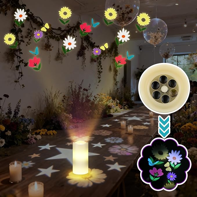 Spring Flower Flameless Candles Projector Wildflower Lights Spring Gift Floral LED Candle Night Light Battery Operated with Remote Timer for Wedding Tea Party Summer Decoration for Home Indoor