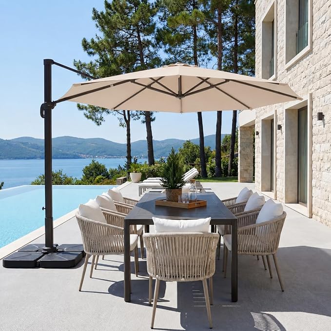 Kingdura 9ft Cantilever Patio Umbrella with Base Included, Large Round Metal Outdoor Offset Umbrella with 360-degree Rotation, 4 Position Tilt, UV Protection for Pool Deck Patio (Beige)