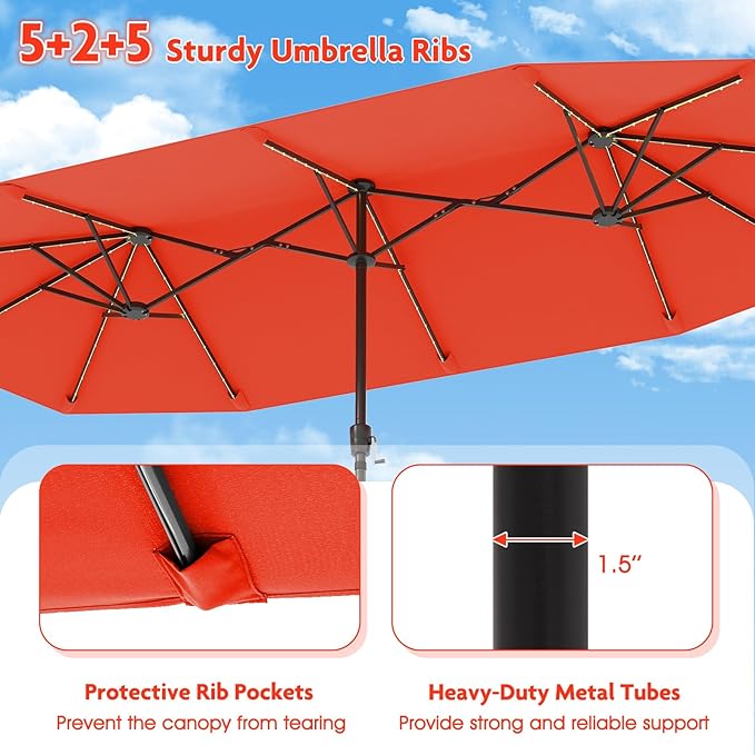 Tangkula 13 FT Solar LED Patio Umbrella, Double-Sided Outdoor Table Market Umbrella with 108 LED Lights, 12 Heavy-Duty Ribs, Crank Handle for Garden Deck Lawn Poolside Beach (Orange)