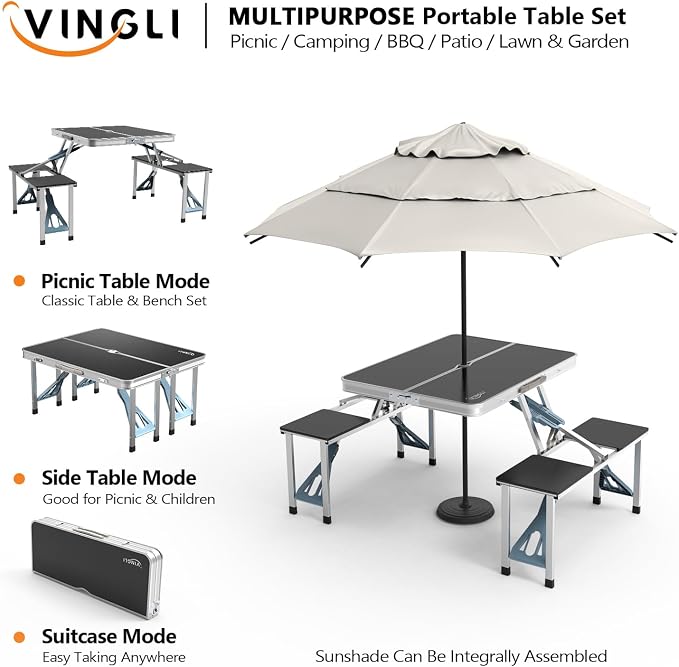 VINGLI 4Ft Portable Folding Picnic Table Camping Table Foldable Set with 4 Seats with Umbrella Hole Suitcase Card Table-220 Lbs Support Aluminum Frame, Plastic RV Tabletop for Yard, Travel-Blue