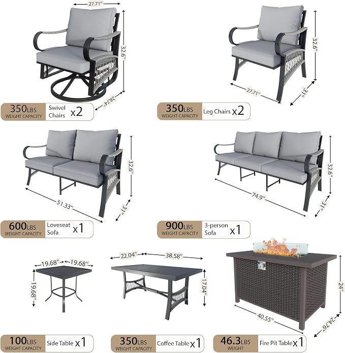 9 Pieces Patio Furniture Set, Metal Outdoor Conversation Sets with Fire Pit Table and Swivel Chairs for Backyard Garden Deck Porch Poolside (Thick Gray Cushions)