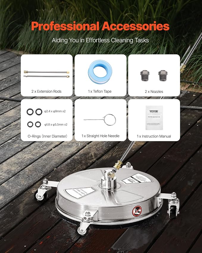 VEVOR 16.5 Inch Pressure Washer Surface Cleaner, 4000 PSI Stainless Steel Attachment with 4 Wheels, 2 Nozzles, 1/4 Inch Quick Connect and 2 Wands for Concrete, Patio, Deck