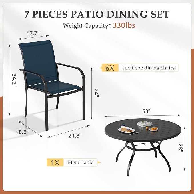 Incbruce 7 PCS Patio Dining Set, Outdoor Dining Set of 6 Textilene Chairs and 53" Round Table with Umbrella Hole for Backyard, Garden, and Poolside (Blue)