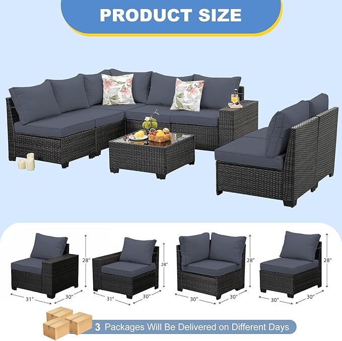 8 Pieces Patio Furniture Set, Outdoor Couch Sofa with Wider Armrests & Glass Coffee Table, Outdoor Sectional Furniture with Thick Cushions for Party, Poolside,Garden-Gray