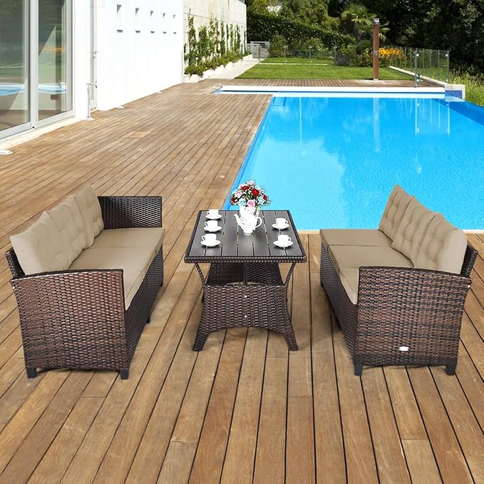 Tangkula Patio Furniture Set, 3 Pieces Outdoor Conversation Set with 6 Cushioned Seat & Coffee Table, Rattan Couch Set for Balcony, Garden, Lawn, Poolside and Backyard (Brown)